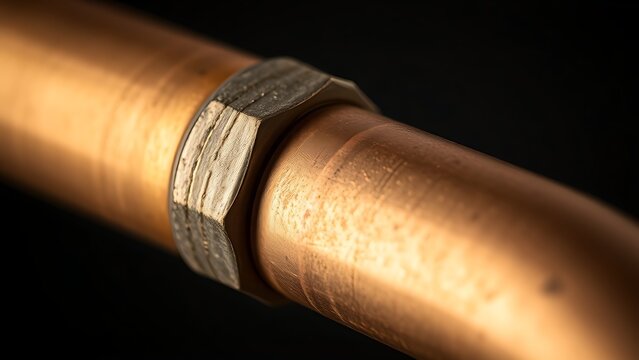 Close-up of a shiny brass joint connecting two copper pipes. safety posters, maintenance manuals, designed for industrial assembly lines and welding operations, used by engineers.