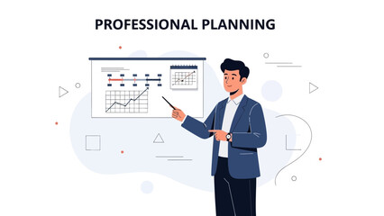 Fototapeta premium Businessman presenting professional planning with charts and graphs on a whiteboard