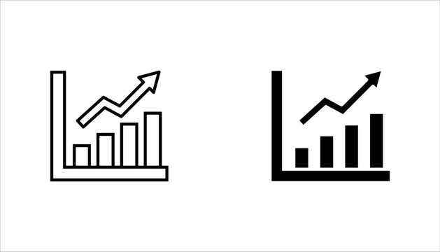 Business growth chart icon featuring bar graph with upward arrow in outline and solid glyph style. Black and white vector isolated on light gray background. Ideal for finance, startup, marketing.