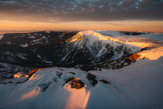 Beautiful winter landscape and sky on mountains. Pure nature. Snezka, Czech Republic