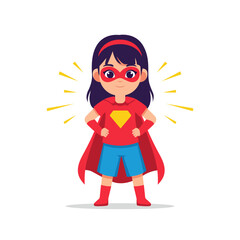 Adorable girl superhero standing in power stance flat design vector empty state ui element