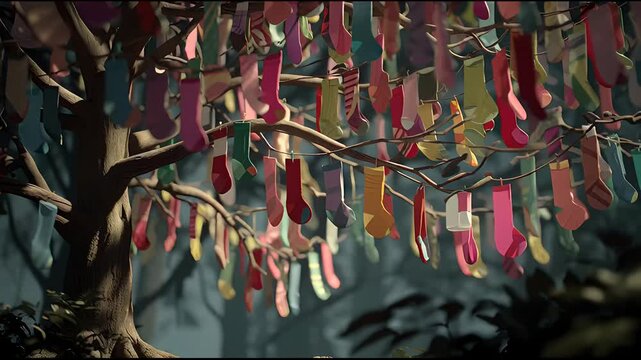 Tree with Colorful Socks Instead of Leaves

