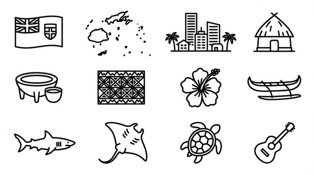 monoline fiji icon set including national flag simplified map shape skyline landmarks and cultural symbols consistent line style