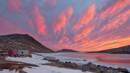 with glowing sky and icy terrain, fragile environment highlighting climate sensitivity