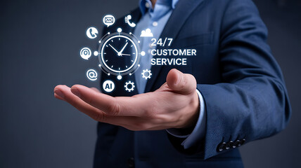 a male businessman's outstretched hand presenting a glowing holographic clock and surrounding service icons, created with generative ai