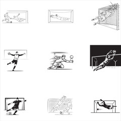 Obraz premium Soccer goalkeepers making saves and players kicking ball, football game action set