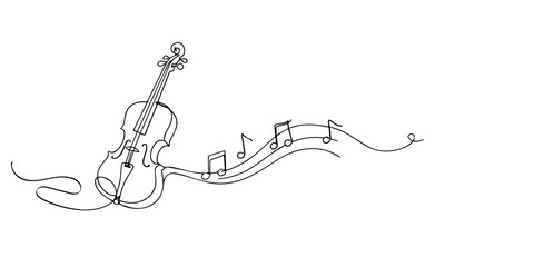 Line art illustration of a violin with flowing musical notes. Hand drawn continuous line representing melody, classical music, harmony, and artistic expression. © bakul garis