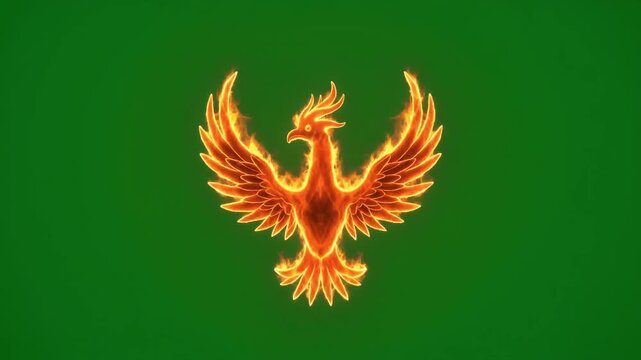 Fiery phoenix with wings spread on green background.