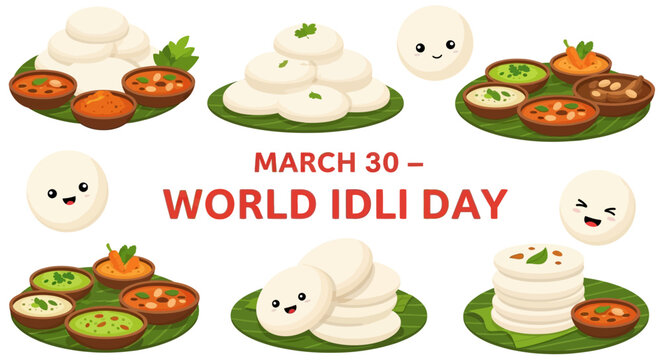 Colorful idli dishes with various chutneys on World Idli Day