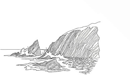 Ink drawing of waves crashing against layered rocks on a coastline