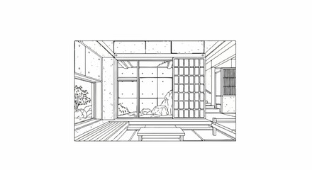 Interior view of a minimalist room with sliding doors and outdoor garden scene