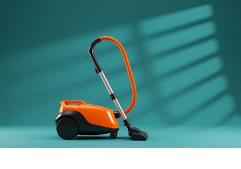 Fototapeta premium Orange and black vacuum cleaner with long hose and handle on teal background with shadow