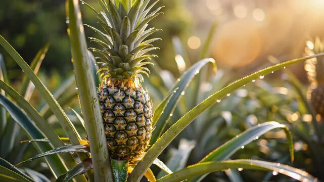 Pineapple growing on a plant with dew drops backlit by golden sunlight