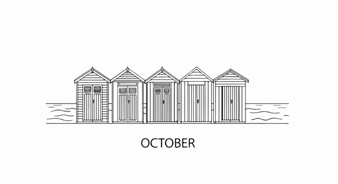 Line drawing of beach huts along a shoreline with "OCTOBER" below