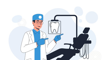 Dentist pointing to dental chair and tooth x-ray, healthcare concept