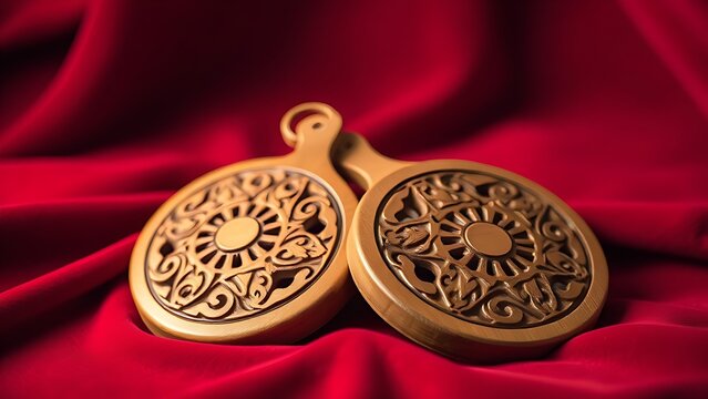  A pair of intricately carved wooden castanets resting on a rich red velvet fabric in close view. event programs, museum guides, designed for cultural heritage projects and event programs.