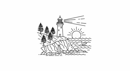 Lighthouse, ocean, sunset, trees, rocks, surf board and whale tail