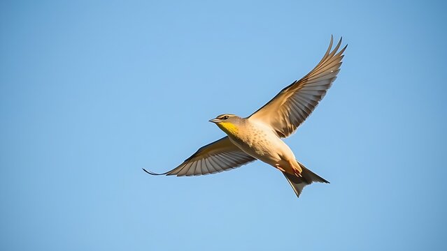 A skylark bird soaring high in the blue sky with its wings fully spread. wildlife magazines, conservation campaigns, designed for eco-tourism storytelling, promotes animal welfare.