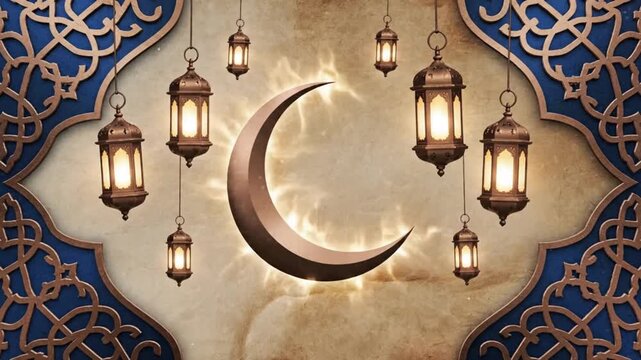 classic ramadan motion graphic design with symmetrical arabesque borders central crescent emblem glowing lantern icons textured parchment background deep sapphire and bronze tones refined animation fl