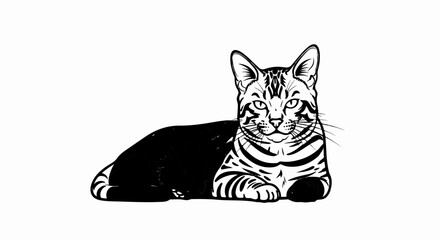 Line art drawing of a striped feline lying down with its front paws extended
