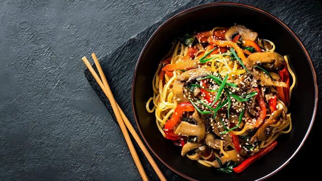 Vegan stir fry egg noodles with vegetables, mushrooms and sesame seeds, paprika garnish, top view bowl on black table background with copy space
