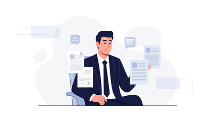 Lawyer reviewing legal documents, law and justice concept, flat vector illustration