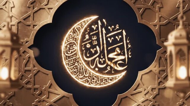 luxury ramadan graphic video design showcasing embossed islamic patterns glowing crescent centerpiece lantern light reflections dark navy and champagne palette subtle motion blur full hd high resoluti
