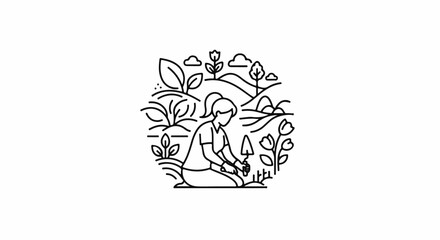 Person planting flowers and plants in a garden with rolling hills