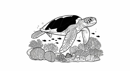 Line art of a sea turtle swimming amidst coral and small fish in clear water © Hitam