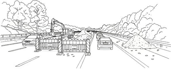Fototapeta premium Road construction with excavator and vehicles on highway lanes