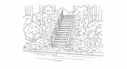 Fototapeta premium Outdoor stairs lined with trees and bushes covered in fallen leaves