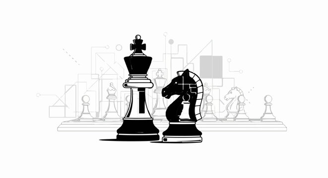 Silhouette king and knight chess pieces confront on abstract tech board