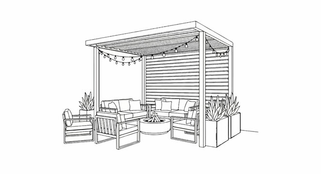 Outdoor patio area with seating, fire pit, string lights, and plants