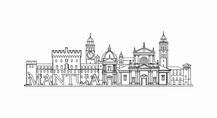Obraz premium Line drawing of a cityscape with domed buildings, towers, and crenellations