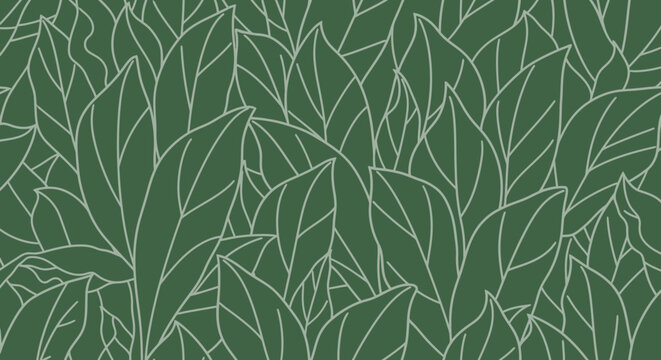 Seamless vector pattern of hand-drawn light gray leaf outlines on a dark forest green background, creating a dense botanical texture for branding or web design.