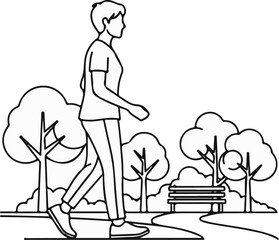 Person walking on a path through a park with trees and a bench