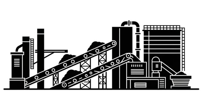 Industrial factory with conveyor belts and machinery.
