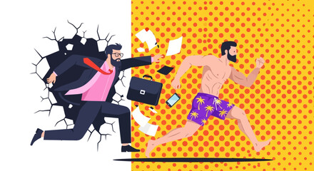 Vector illustration of a bearded businessman breaking through a cracked wall, transforming into a relaxed man in swim trunks running towards a vibrant yellow pop art background.
