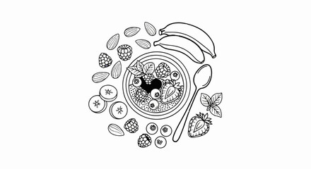 Overhead view of a black and white sketch of a fruit bowl with berries, almonds, bananas, and a spoon © Kemeja