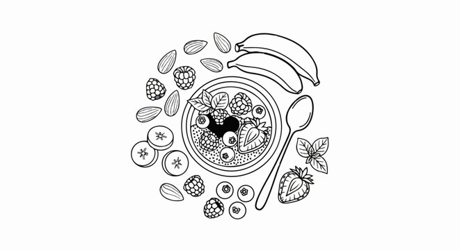Overhead view of a black and white sketch of a fruit bowl with berries, almonds, bananas, and a spoon