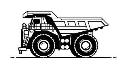 Black and white illustration of a large mining dump truck. © Bydd