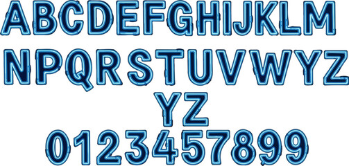 Neon blue outline alphabet letters and numbers on white background © Kanan