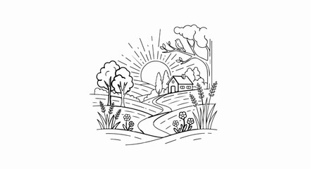 Obraz premium Peaceful rural landscape with a winding path, a cottage, and a sunlit sky