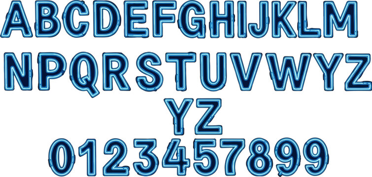 Neon blue outline alphabet letters and numbers on white background