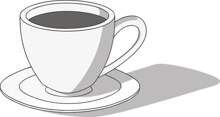 Simple black and white illustration of a hot coffee cup resting on a saucer