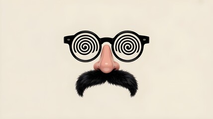 Happy april fool's day and funny pranks concept with a pair of comical glasses with bushy eyebrows and thick mustache isolated on blue background with copy space
