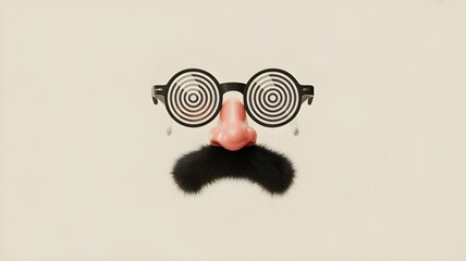 Happy april fool's day and funny pranks concept with a pair of comical glasses with bushy eyebrows and thick mustache isolated on blue background with copy space