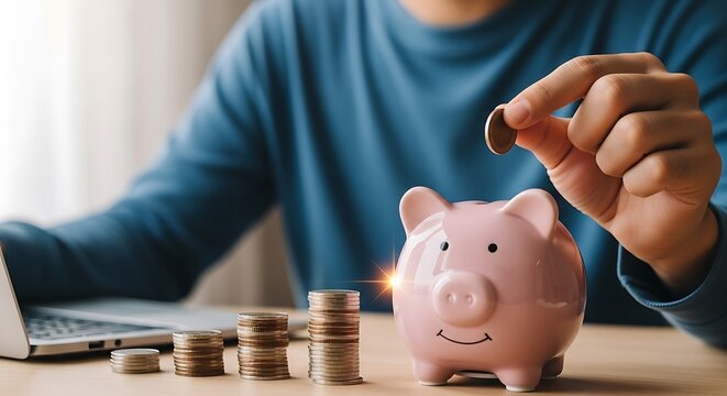 Person putting coin into piggy bank on desk