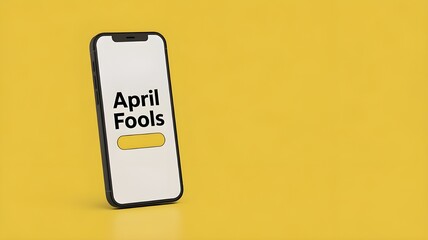 Happy yellow lettering "April Fool's Day" on the dark background of a smartphone, banner.