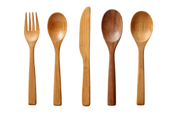 Five wooden utensils including fork spoon and knife on black background cutlery, Png, Isolated on Transparent Background, Cut Out